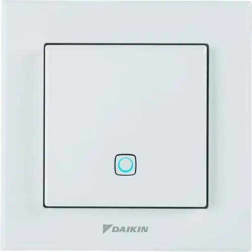 Weißer Wandsensor von Daikin mit quadratischem Schalter und einem blauen LED-Indikator. Ideal zur Steuerung von Klimaanlagen oder Heizsystemen.